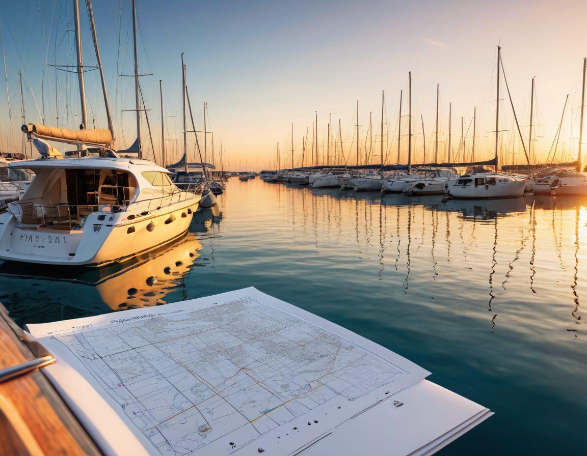 A serene marina filled with luxurious yachts, showcasing various coverage symbols like shields and checkmarks. Include a navigator's map overlay with highlighted paths representing different policy options. The foreground features a thoughtful person in sailing attire, contemplating their choices with a soft sunset in the background. Highlight the contrast between sunlit yachts and deep blue water to represent peace and reliability. 3D. vibrant colors.