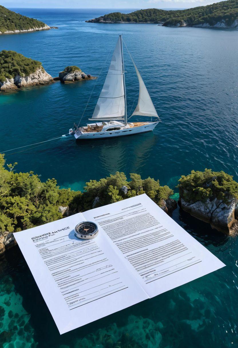 A stunning luxury yacht gracefully sailing across crystal-clear blue waters, surrounded by a picturesque coastline with lush greenery. In the foreground, an open insurance policy document lays on the deck, with a compass and navigation tools beside it, symbolizing guidance. The sky is bright and sunny, portraying a sense of freedom and adventure. super-realistic. vibrant colors. 3D.