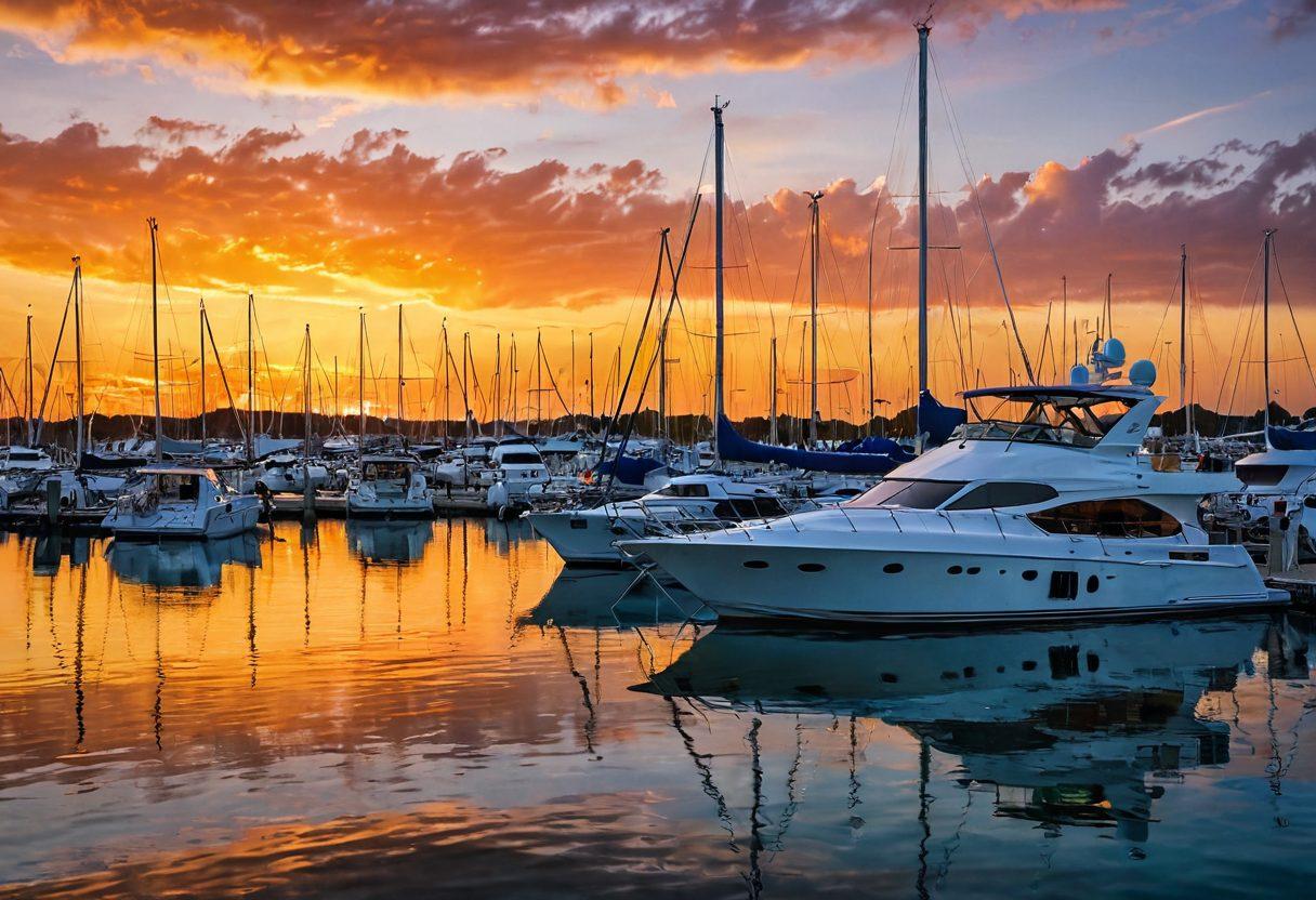 A serene marina scene featuring a luxurious yacht docked by a vibrant sunset, with expert marine consultants discussing safety plans at the forefront. Include marine charts, life jackets, and a risk management checklist on a nearby table. The ocean should have gentle waves reflecting the sunset's golden hues, creating a tranquil yet informed atmosphere. super-realistic. vibrant colors. nautical theme.